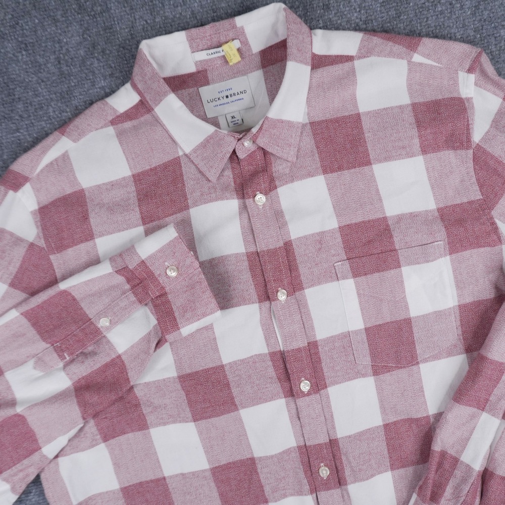 Lucky Brand Button Down‎ Shirt Mens XL Red White Buffalo Plaid Classic Fit